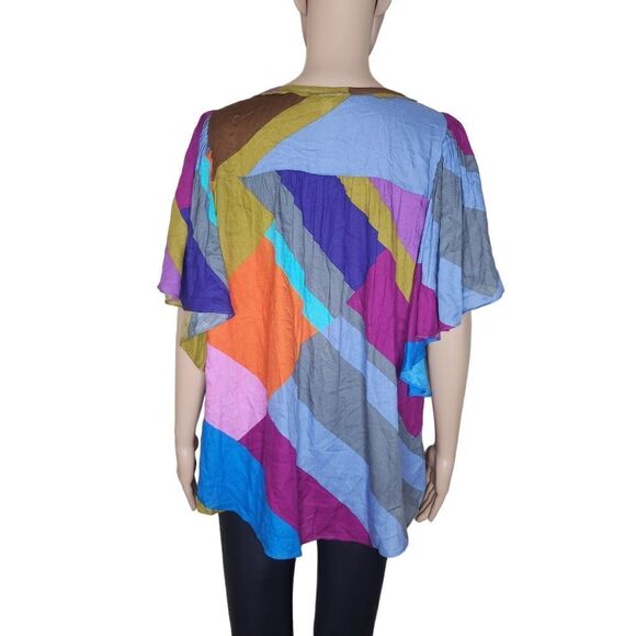 Hichè women's colorful size Large colorblock flutter sleeve casual blouse - Picture 3 of 7